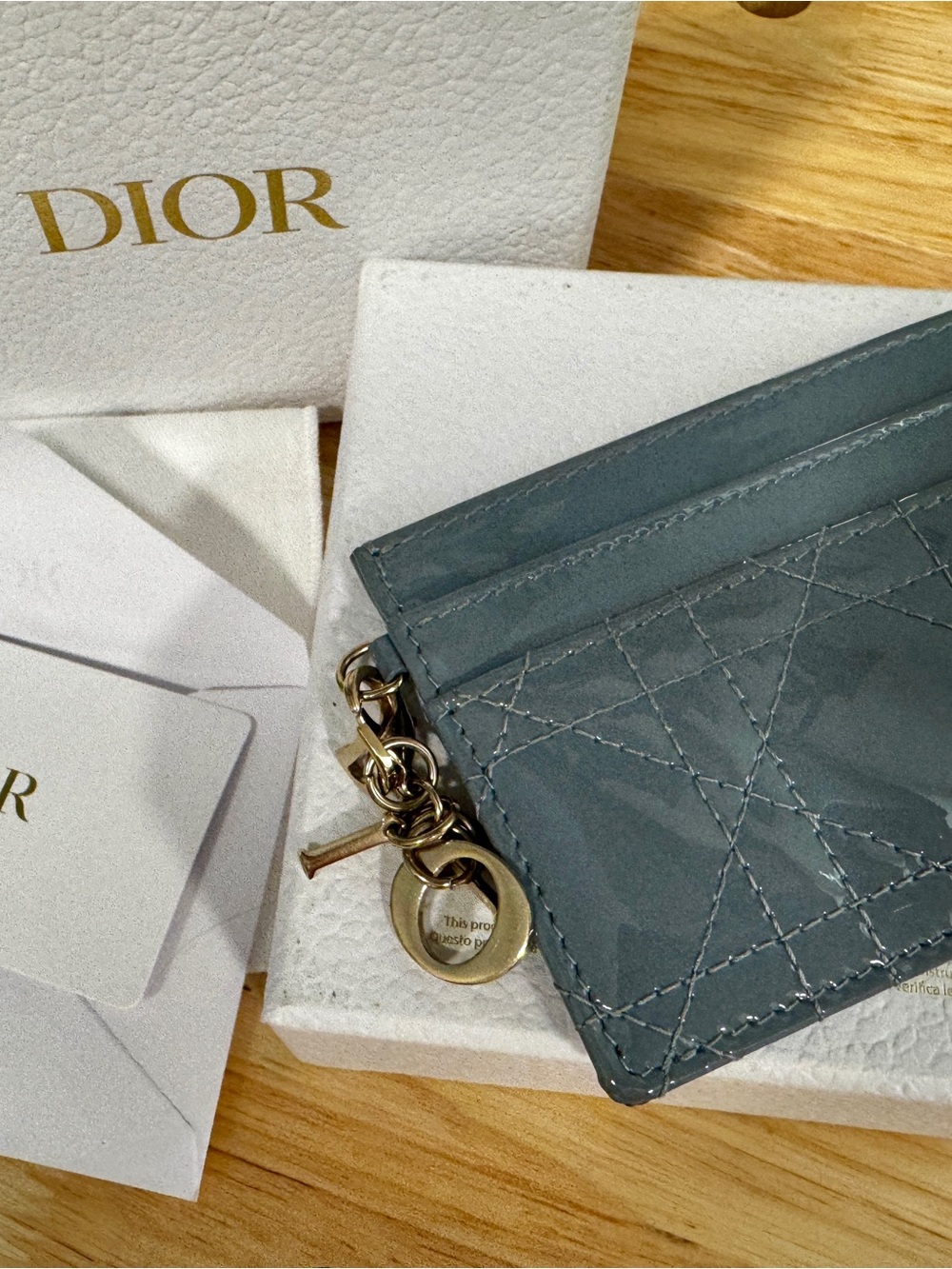 Dior Quilted Slate Blue Card & Key Holder with Gold Charm